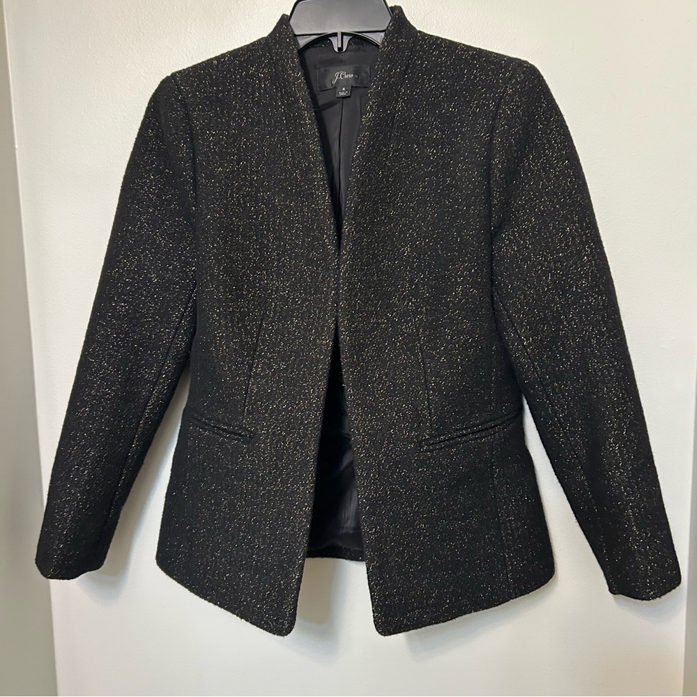 J Crew 4 Black Wool Dress Coat Open Front Pockets All Over Gold Sparkle Holiday